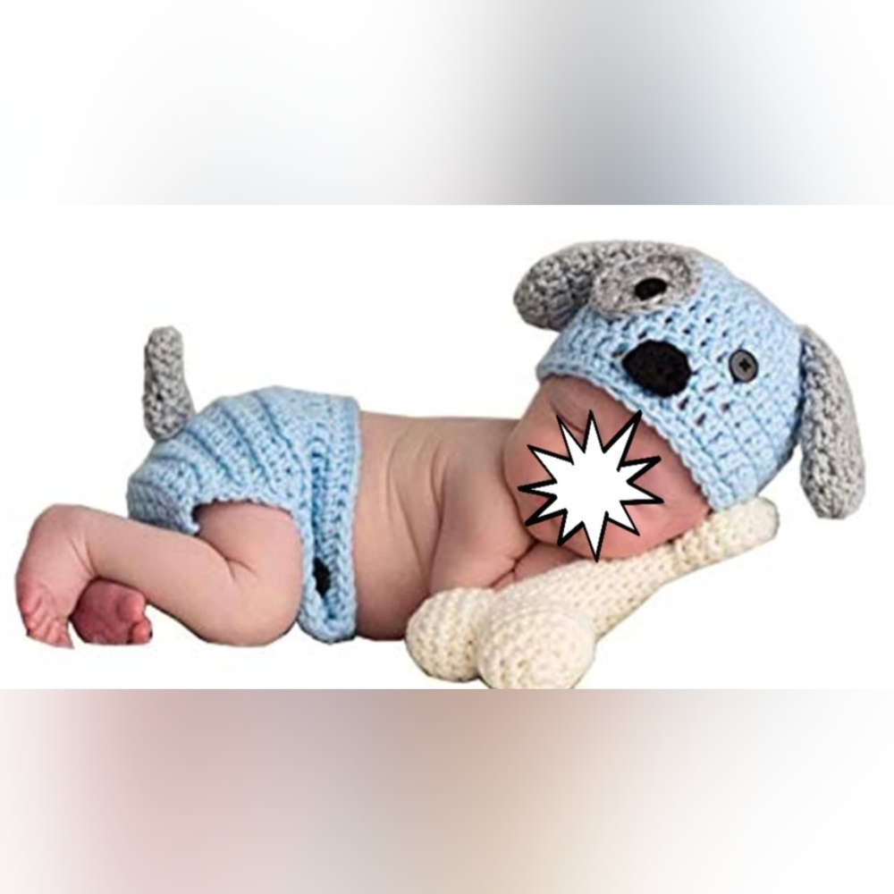 PHOTO PROPS Blue and Gray Knit Puppy Hat and Diaper Cover Set